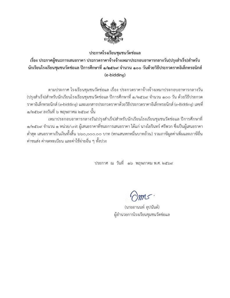 ประกาศโรงเรียนชุมชนวัดช่อแล
เรื่อง ประกาศผู้ชนะการเสนอราคา ประกวดราคาจ้างจ้างเหมาประกอบอาหารกลางวัน